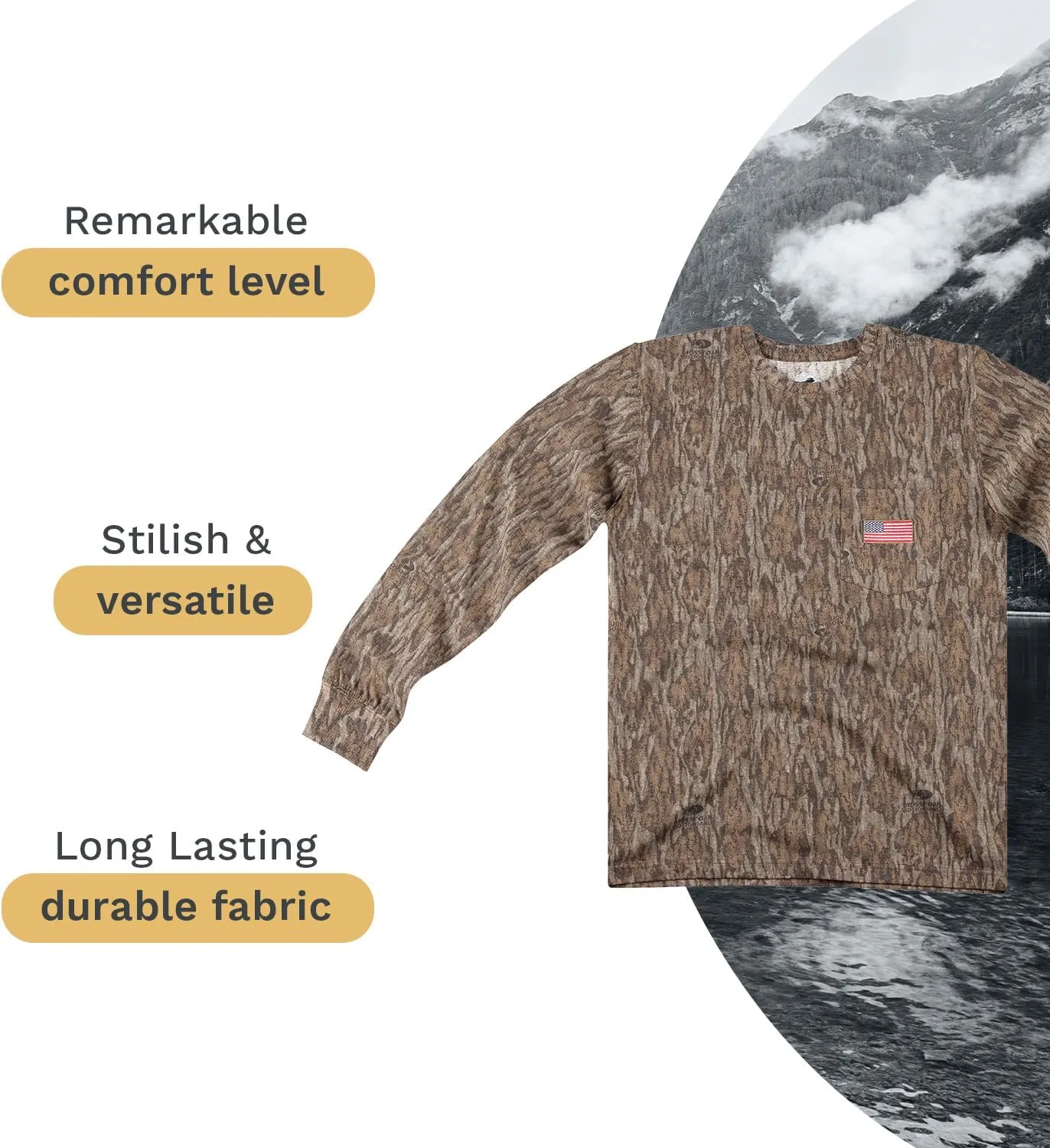 Men's Patriotic T-Shirt, Realtree and Mossy Oak Camo T-Shirt for Men, Hunting Apparel with USA Flag Embroidery