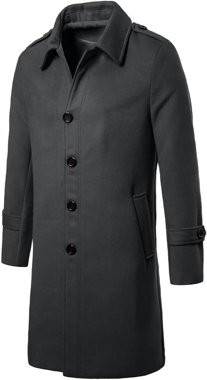 Overcoat for Men Winter Lapel Wool Blend Trench Coat Single Soild Lounge Long Jackets Slim Fit Pea Coat