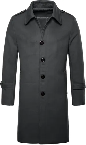 Overcoat for Men Winter Lapel Wool Blend Trench Coat Single Soild Lounge Long Jackets Slim Fit Pea Coat