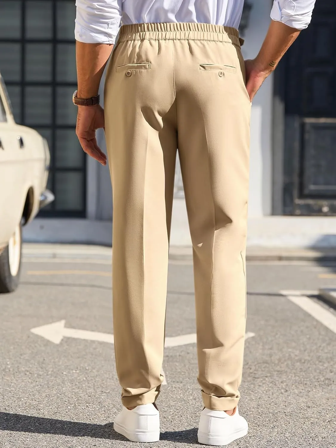 Runcati Mens Classic Fit Dress Pants Pleated Elastic Waist Work Pants Skinny Stretch Business Suit Pants