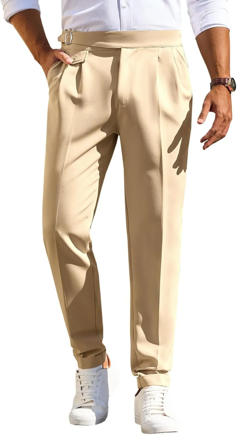 Runcati Mens Classic Fit Dress Pants Pleated Elastic Waist Work Pants Skinny Stretch Business Suit Pants