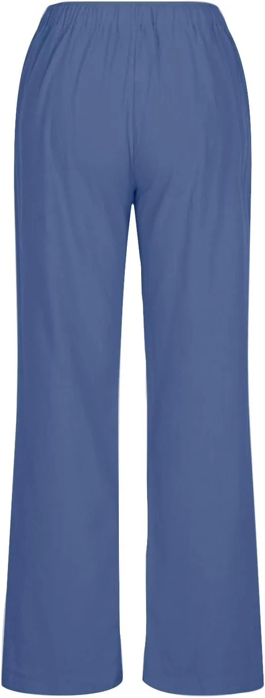 Ruziyoog Women's Cotton Linen Pants Summer Drawstring Waist Wide Leg Lounge Palazzo Pants Casual Loose Yoga Trousers
