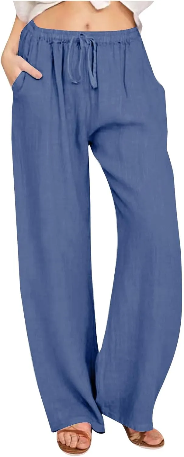 Ruziyoog Women's Cotton Linen Pants Summer Drawstring Waist Wide Leg Lounge Palazzo Pants Casual Loose Yoga Trousers
