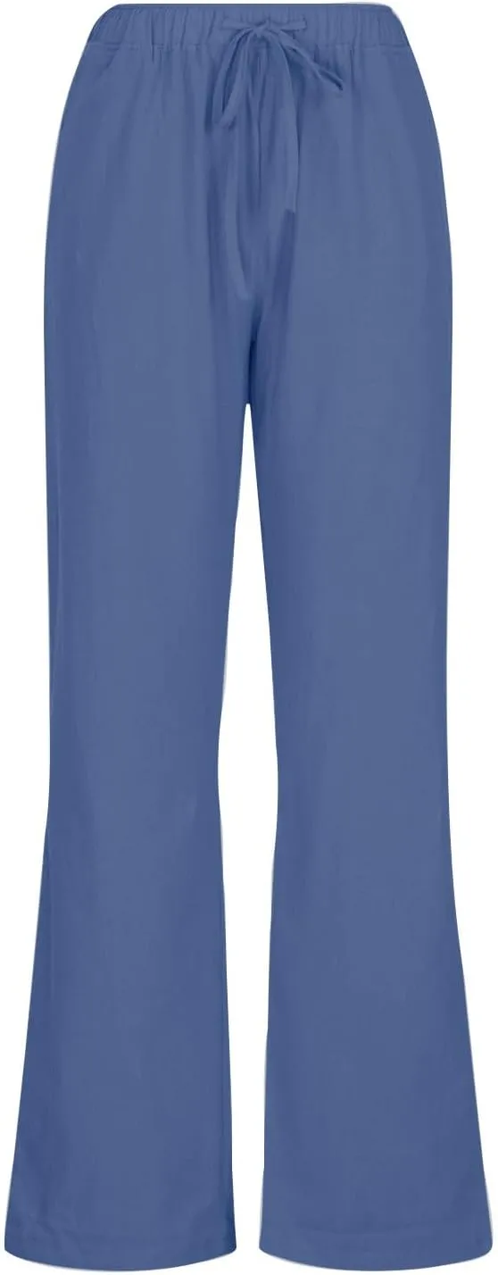 Ruziyoog Women's Cotton Linen Pants Summer Drawstring Waist Wide Leg Lounge Palazzo Pants Casual Loose Yoga Trousers