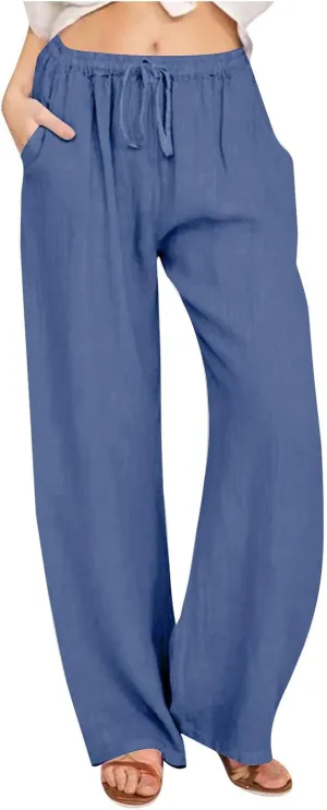 Ruziyoog Women's Cotton Linen Pants Summer Drawstring Waist Wide Leg Lounge Palazzo Pants Casual Loose Yoga Trousers