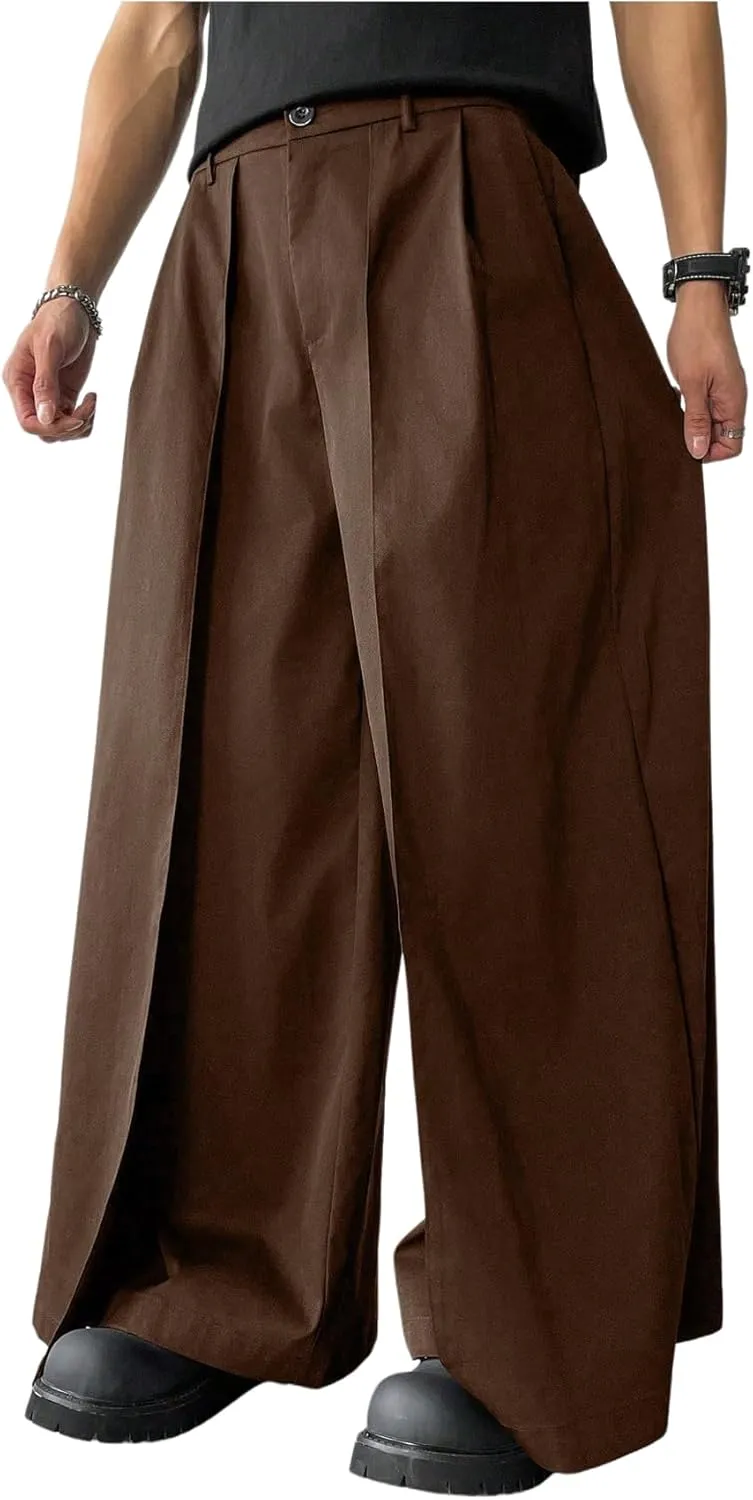 SHENHE Men's Wide Leg Pleated Pants Zipper Fly Baggy Pants Casual Business Dress Pants