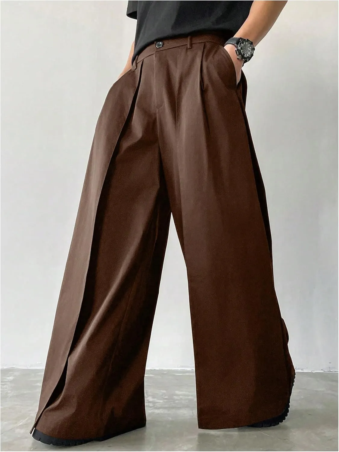 SHENHE Men's Wide Leg Pleated Pants Zipper Fly Baggy Pants Casual Business Dress Pants