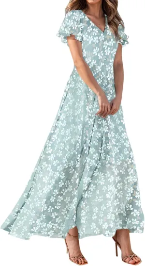Summer Dresses for Women 2025 Flowy Floral Maxi Dress Elegant Empire Waist Beach Dresses