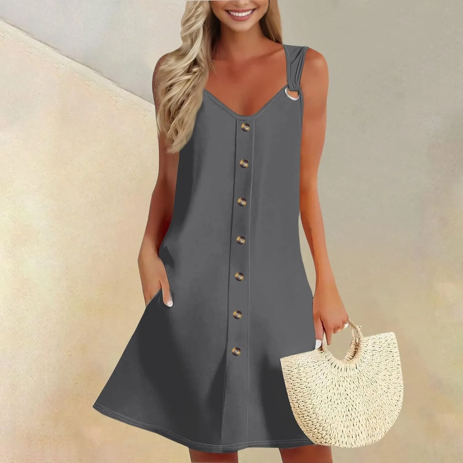 Sun Dresses for Women 2025 Summer Solid/Floral Button Down Sleeveless Midi Dress Loose Vacation Beach Swimsuit Coverups