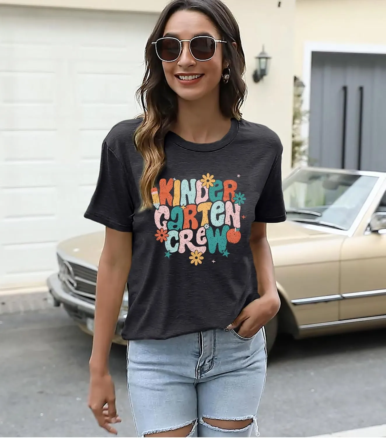 Teacher Shirt Women First Day of School T-Shirt Back to School Tshirt Kindergarten Crew Shirt Teacher Gift Tops