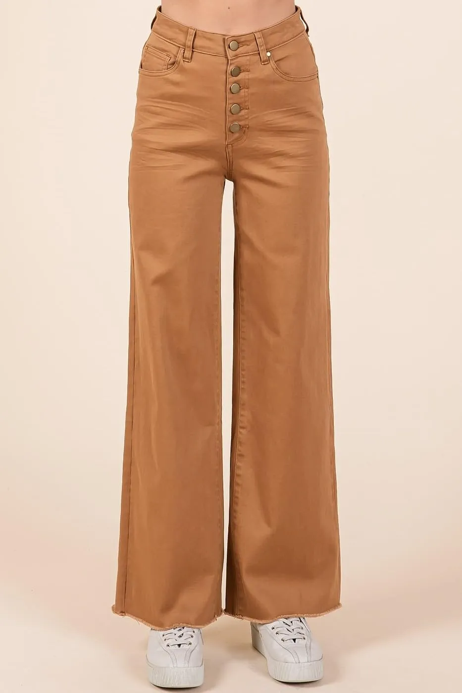Twill High Waisted Button Fly Wide Leg Pants