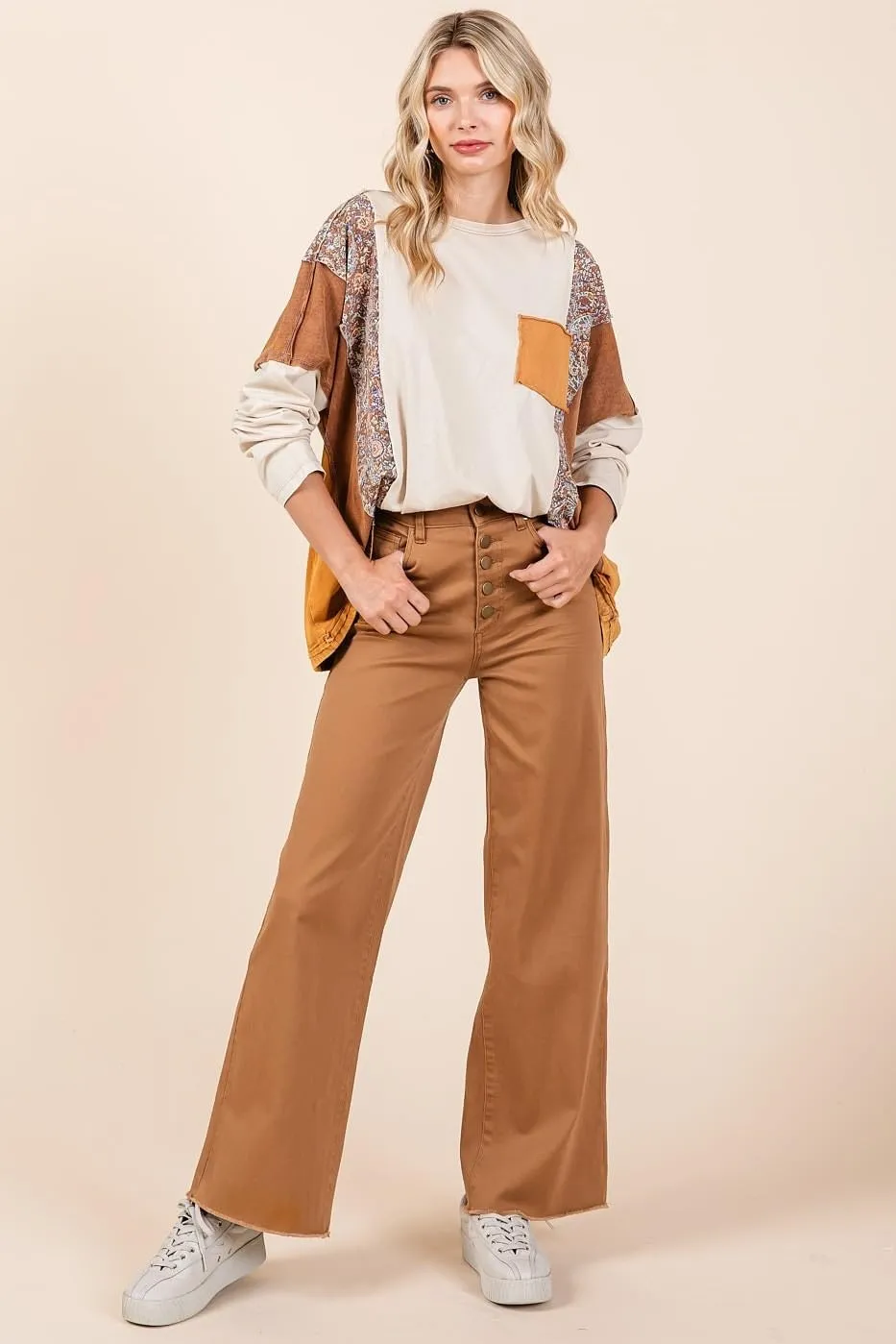 Twill High Waisted Button Fly Wide Leg Pants