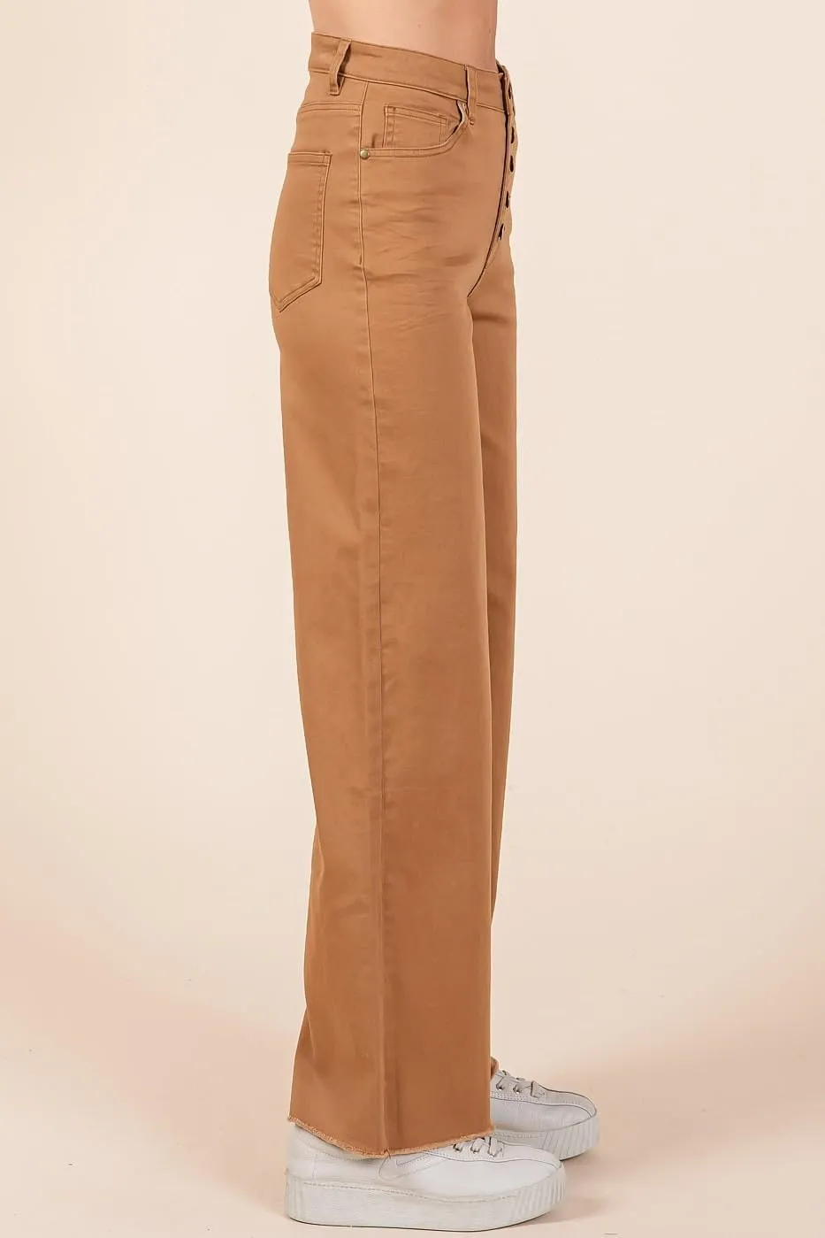 Twill High Waisted Button Fly Wide Leg Pants