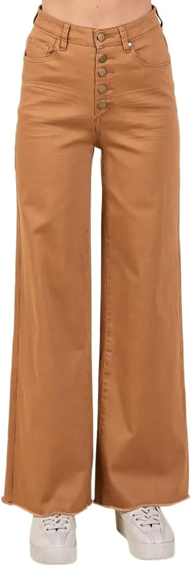 Twill High Waisted Button Fly Wide Leg Pants