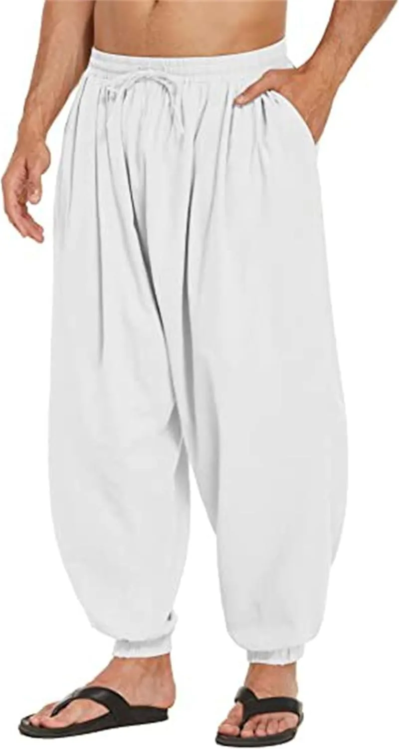 Wankang Men's Cotton Linen Harem Pants Drawstring Casual Bagge Trousers Lightweight Loose Beach Yoga Pants for Men