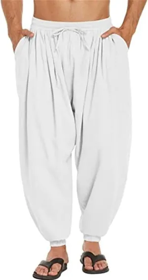 Wankang Men's Cotton Linen Harem Pants Drawstring Casual Bagge Trousers Lightweight Loose Beach Yoga Pants for Men