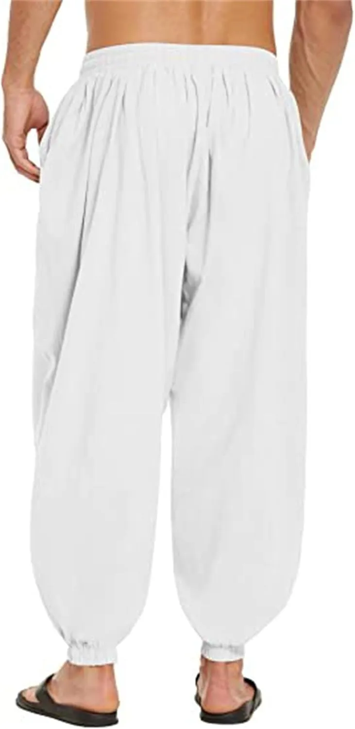 Wankang Men's Cotton Linen Harem Pants Drawstring Casual Bagge Trousers Lightweight Loose Beach Yoga Pants for Men
