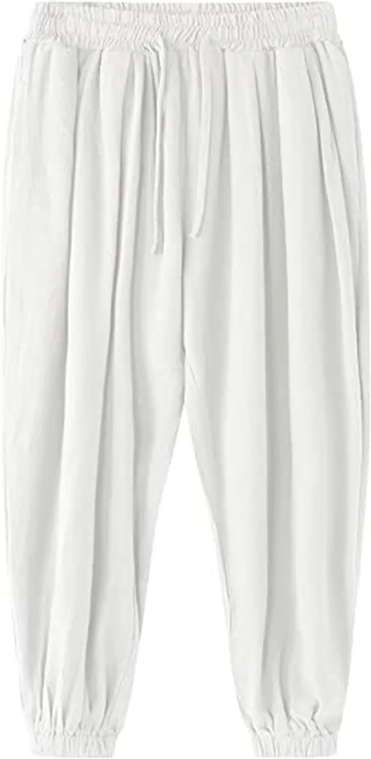 Wankang Men's Cotton Linen Harem Pants Drawstring Casual Bagge Trousers Lightweight Loose Beach Yoga Pants for Men