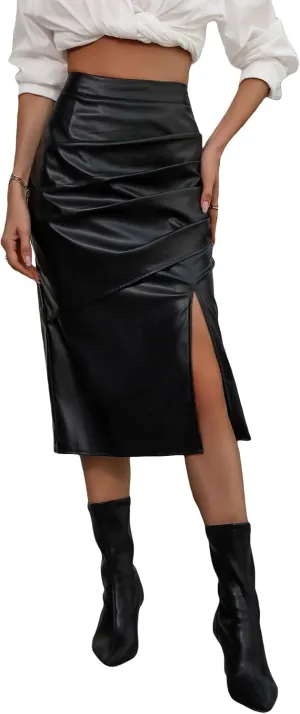 WDIRARA Women's PU Leather Slit Ruched High Waisted Elegant Party Midi Pencil Skirt