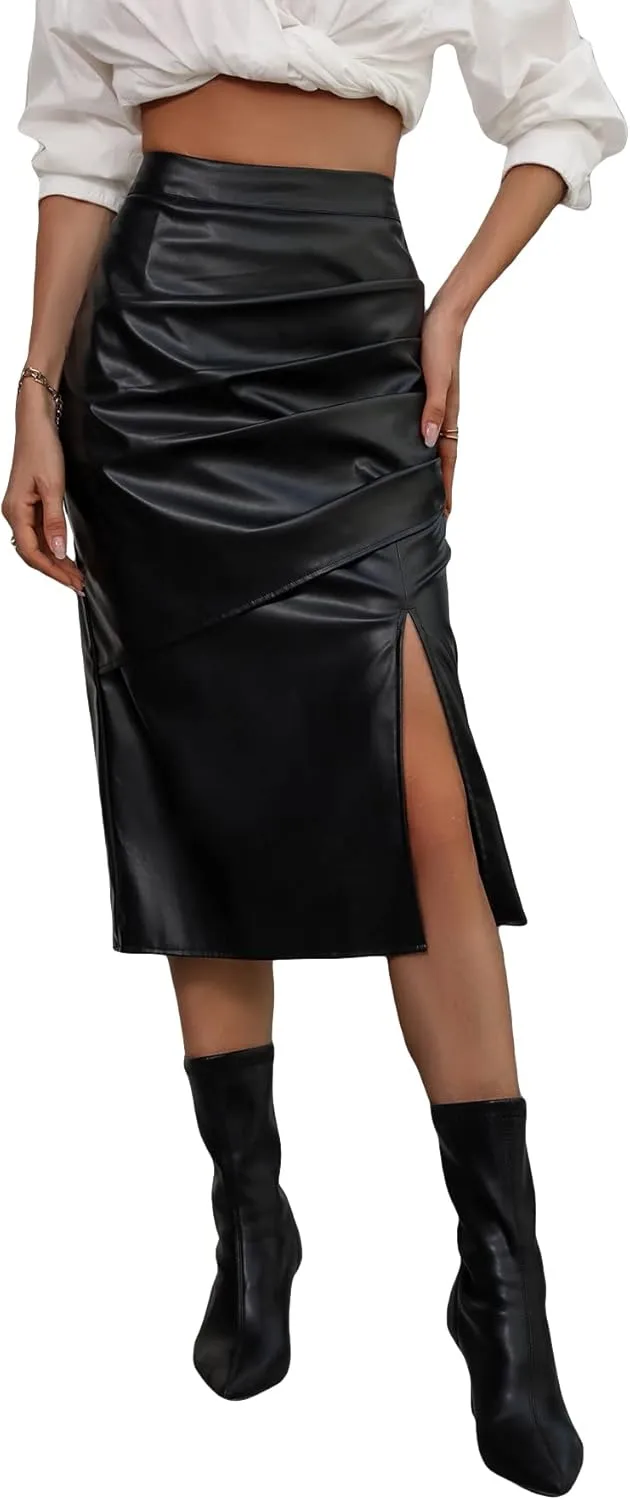 WDIRARA Women's PU Leather Slit Ruched High Waisted Elegant Party Midi Pencil Skirt