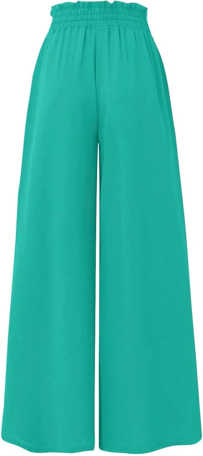 Wide Leg Women Pants Lightweiht Waist Adjustable Drawstring Summer Boho Flowy Palazzo Pants Beach Pants with Pockets