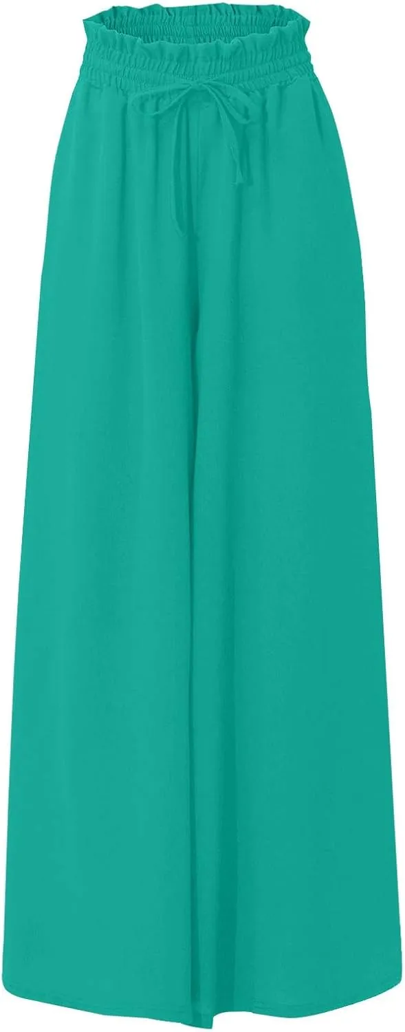 Wide Leg Women Pants Lightweiht Waist Adjustable Drawstring Summer Boho Flowy Palazzo Pants Beach Pants with Pockets