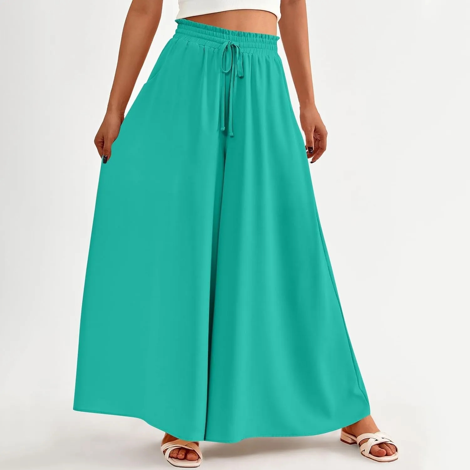 Wide Leg Women Pants Lightweiht Waist Adjustable Drawstring Summer Boho Flowy Palazzo Pants Beach Pants with Pockets