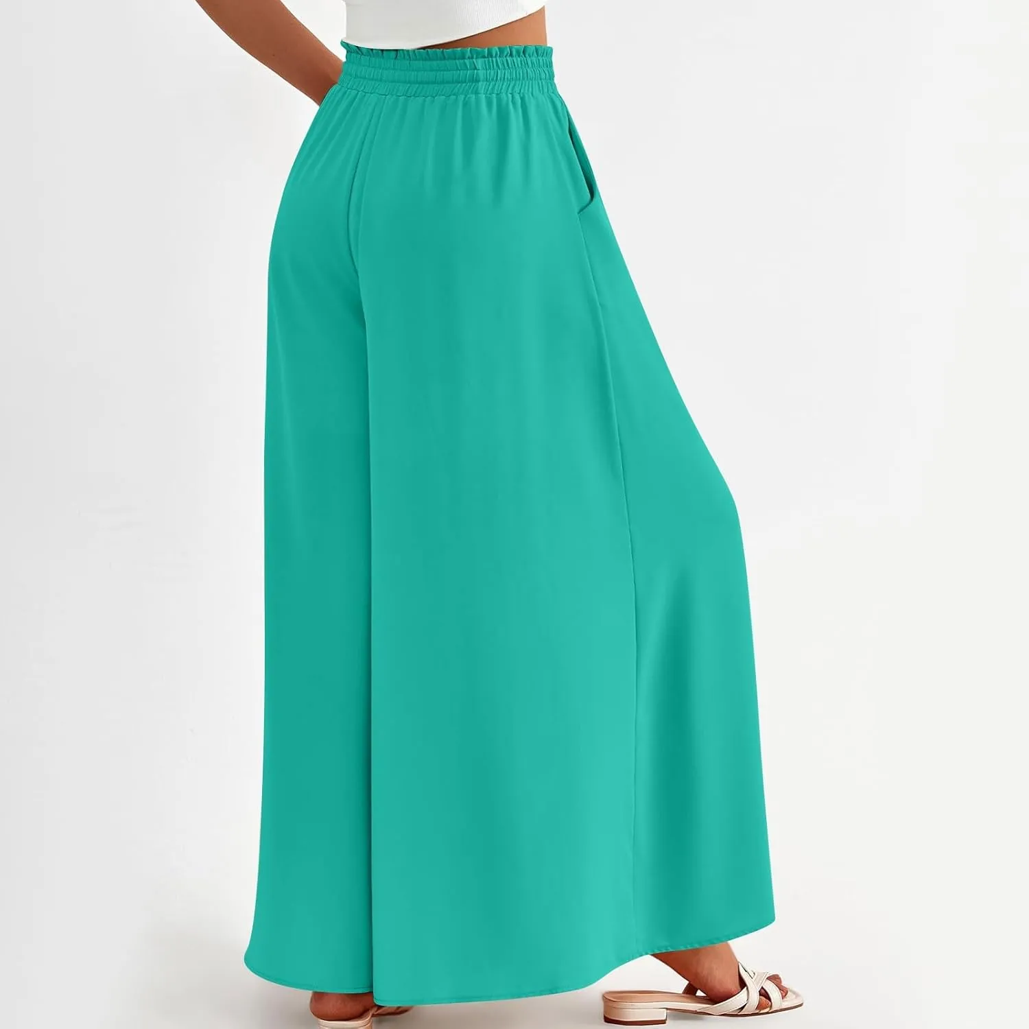 Wide Leg Women Pants Lightweiht Waist Adjustable Drawstring Summer Boho Flowy Palazzo Pants Beach Pants with Pockets