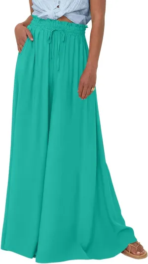 Wide Leg Women Pants Lightweiht Waist Adjustable Drawstring Summer Boho Flowy Palazzo Pants Beach Pants with Pockets