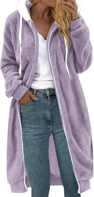 Winter Coats For Women,Women'S Solid Fleece Long Hooded Jacket Fuzzy Zipper Sherpa Outerwear Fall Clothes