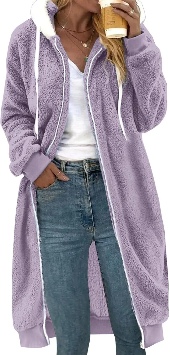 Winter Coats For Women,Women'S Solid Fleece Long Hooded Jacket Fuzzy Zipper Sherpa Outerwear Fall Clothes