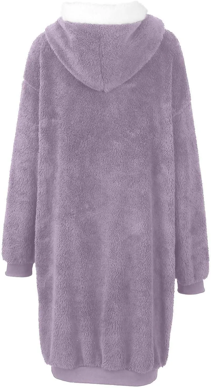 Winter Coats For Women,Women'S Solid Fleece Long Hooded Jacket Fuzzy Zipper Sherpa Outerwear Fall Clothes