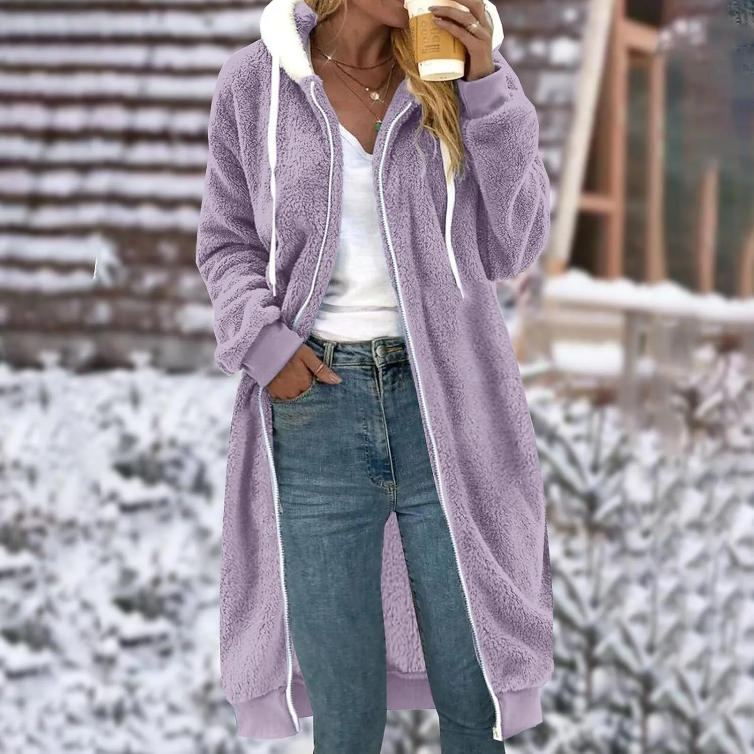 Winter Coats For Women,Women'S Solid Fleece Long Hooded Jacket Fuzzy Zipper Sherpa Outerwear Fall Clothes