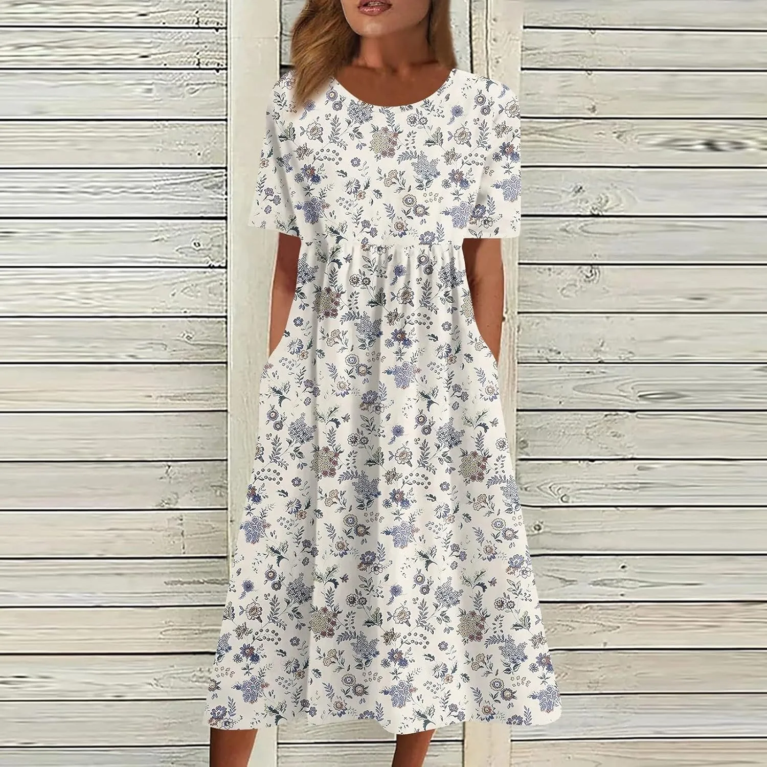 Women Summer Casual Dress Loose A-Line Floral T-Shirt Soft Floral Cotton Dress Short Sleeve Beach Sundress with Pockets
