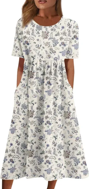 Women Summer Casual Dress Loose A-Line Floral T-Shirt Soft Floral Cotton Dress Short Sleeve Beach Sundress with Pockets