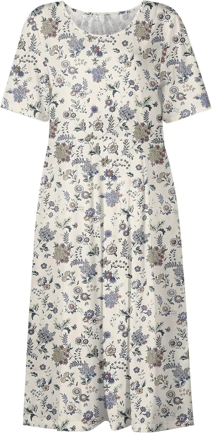 Women Summer Casual Dress Loose A-Line Floral T-Shirt Soft Floral Cotton Dress Short Sleeve Beach Sundress with Pockets