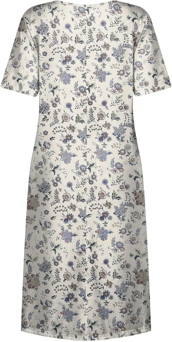 Women Summer Casual Dress Loose A-Line Floral T-Shirt Soft Floral Cotton Dress Short Sleeve Beach Sundress with Pockets