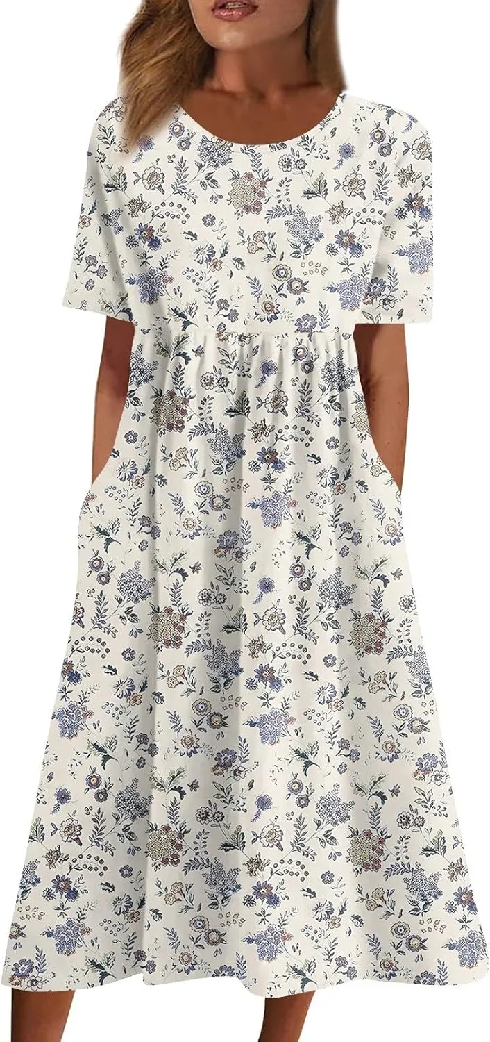 Women Summer Casual Dress Loose A-Line Floral T-Shirt Soft Floral Cotton Dress Short Sleeve Beach Sundress with Pockets