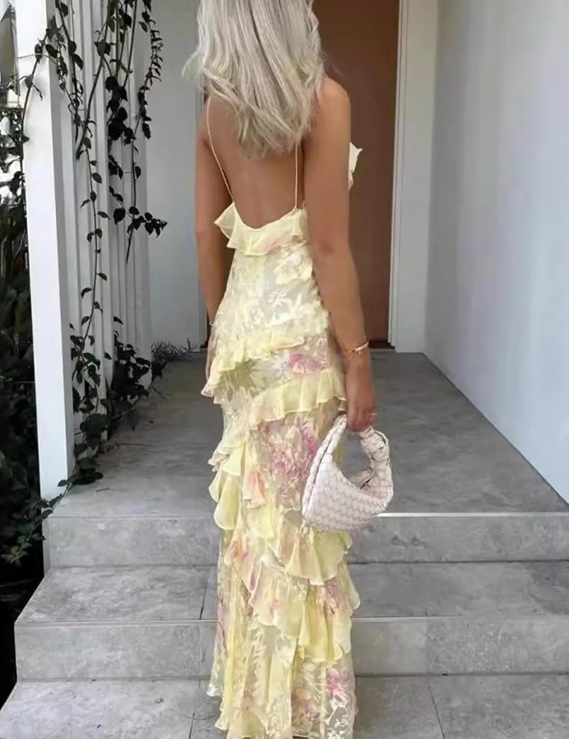 Women Summer Elegant Sling Midi Ruched Bodycon Dress Solid Color Backless Slim Party Cocktail Dresses