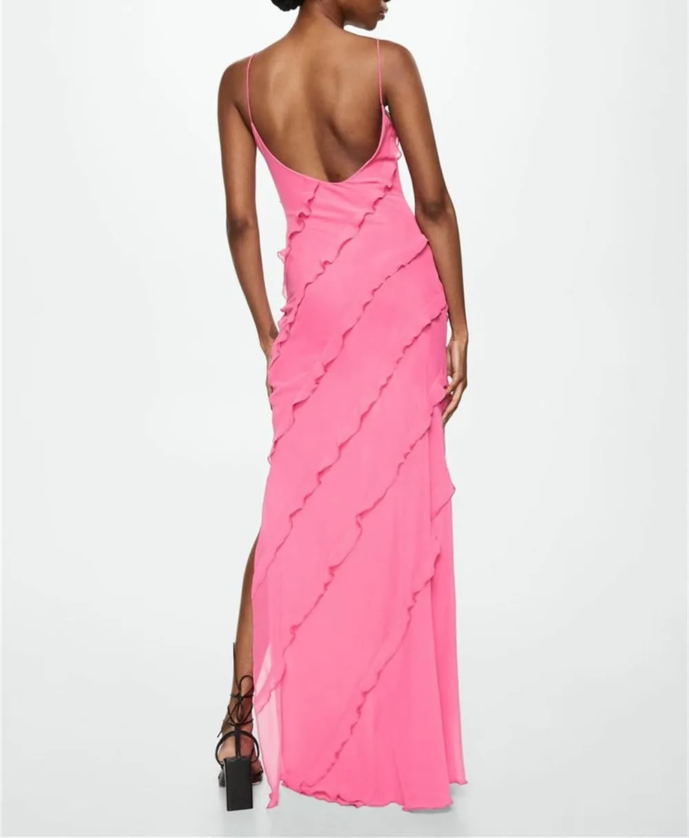 Women Summer Elegant Sling Midi Ruched Bodycon Dress Solid Color Backless Slim Party Cocktail Dresses