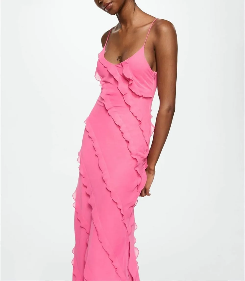 Women Summer Elegant Sling Midi Ruched Bodycon Dress Solid Color Backless Slim Party Cocktail Dresses
