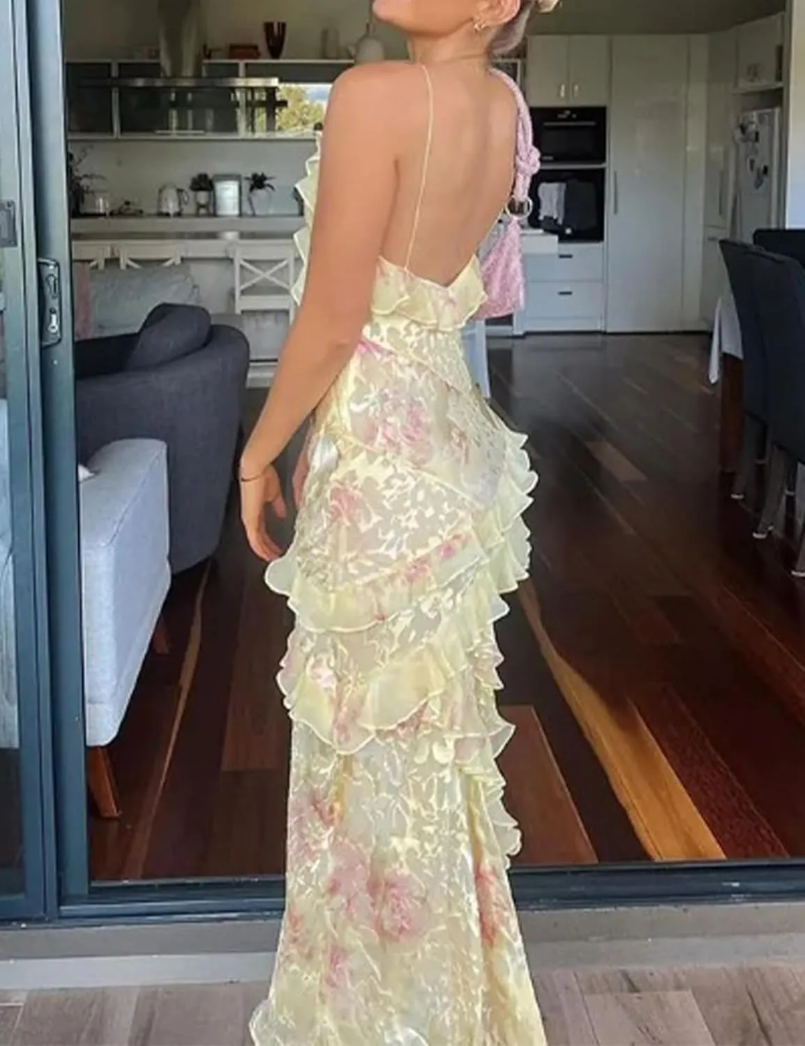 Women Summer Elegant Sling Midi Ruched Bodycon Dress Solid Color Backless Slim Party Cocktail Dresses