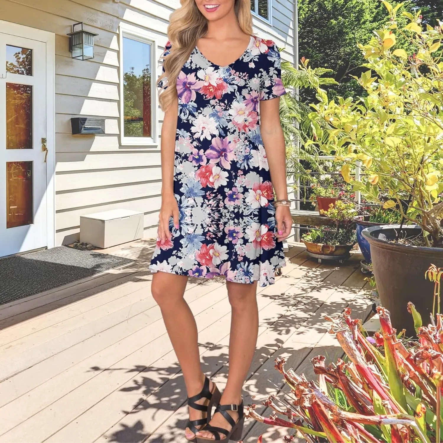 Women's Casual T Shirt Dress Summer Short Sleeve Swing Dresses with Pockets