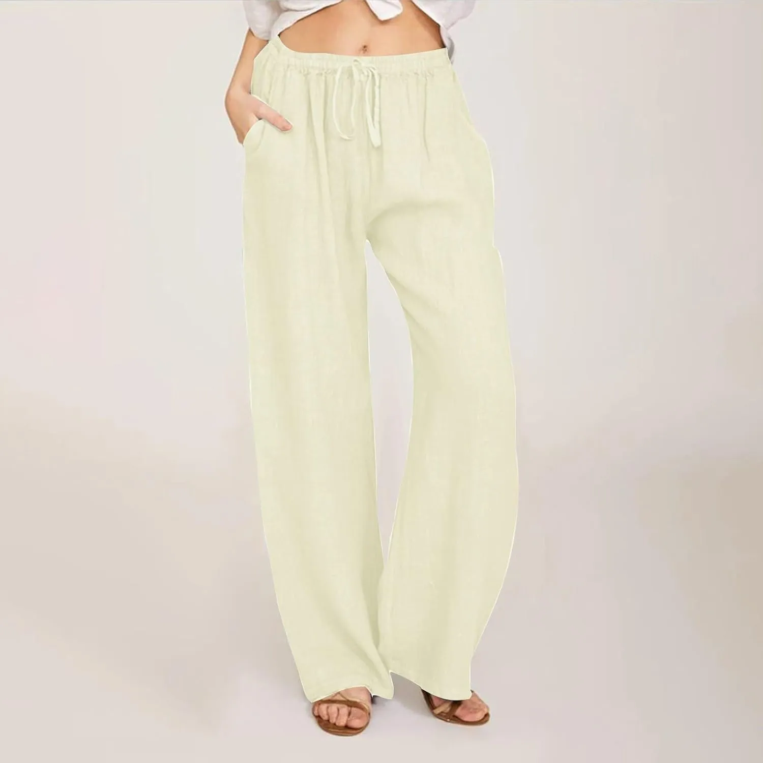 Women's Cotton Linen Pants Summer Drawstring High Waisted Palazzo Pants Casual Wide Leg Yoga Pants with Pockets