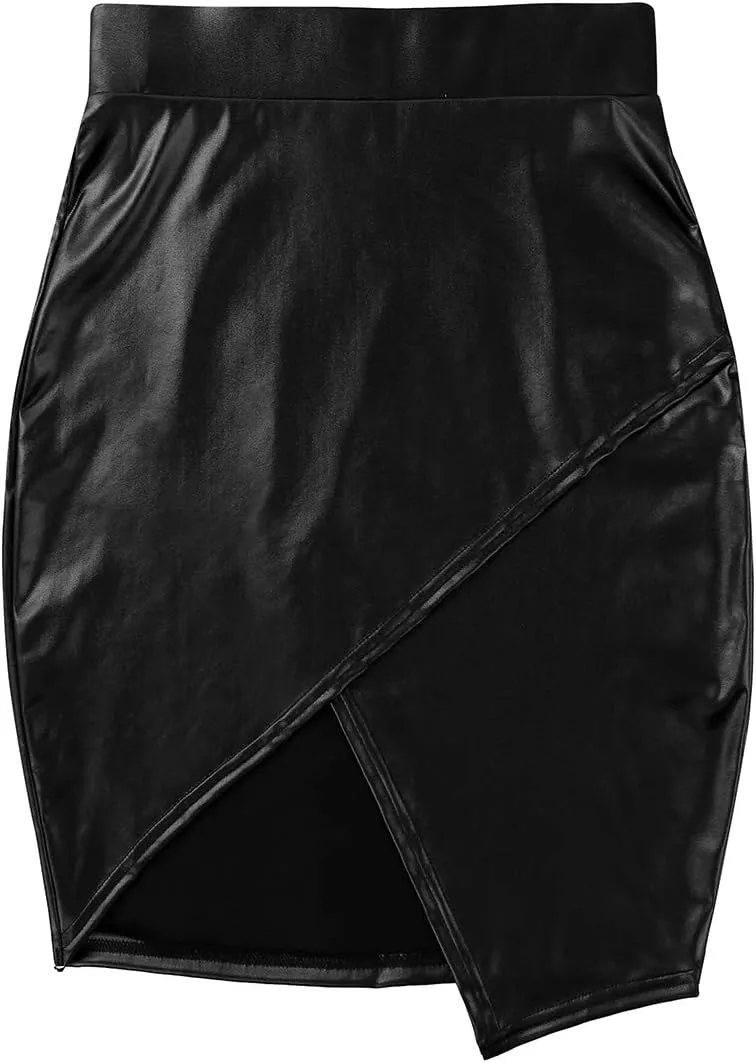 Women's Faux Leather High Waist Slim Fit Mini Asymmetric Pencil Skirt Clubwear