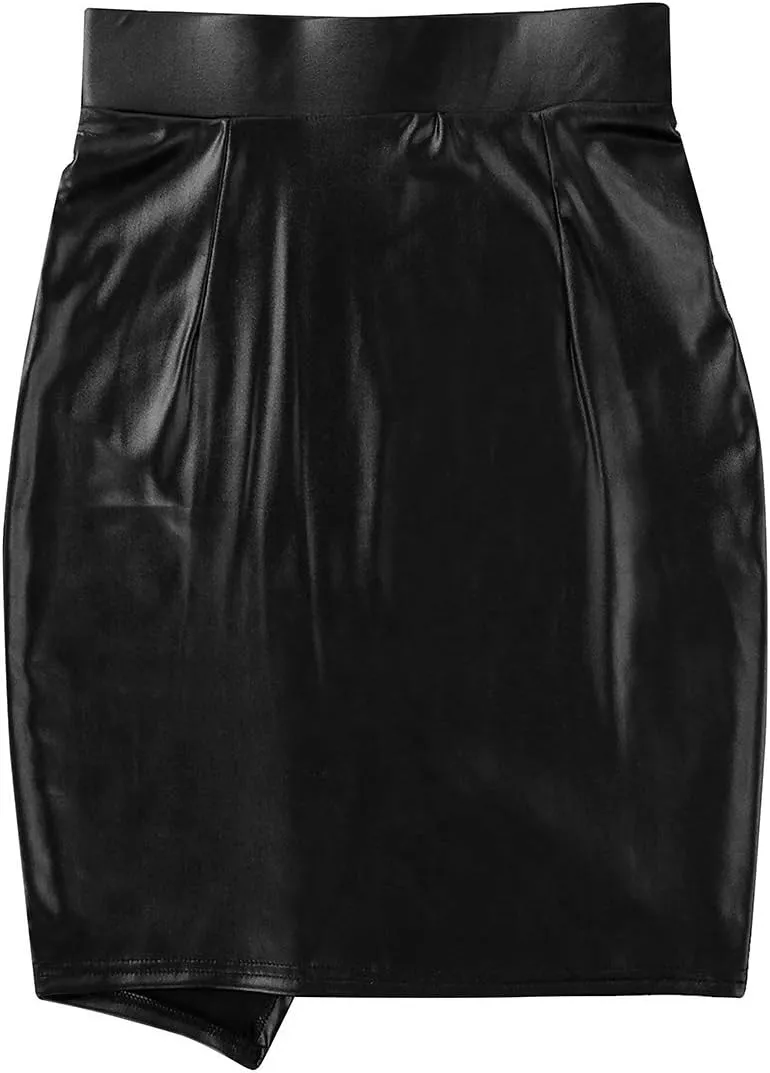 Women's Faux Leather High Waist Slim Fit Mini Asymmetric Pencil Skirt Clubwear