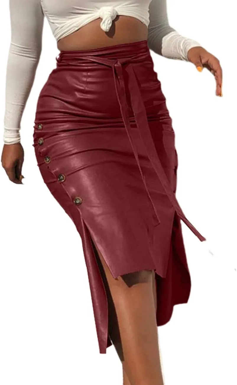 Women's Sexy Faux Leather Midi Skirt High Waist Button Trim Slim Slit Bodycon Pencil Skirt with Belt