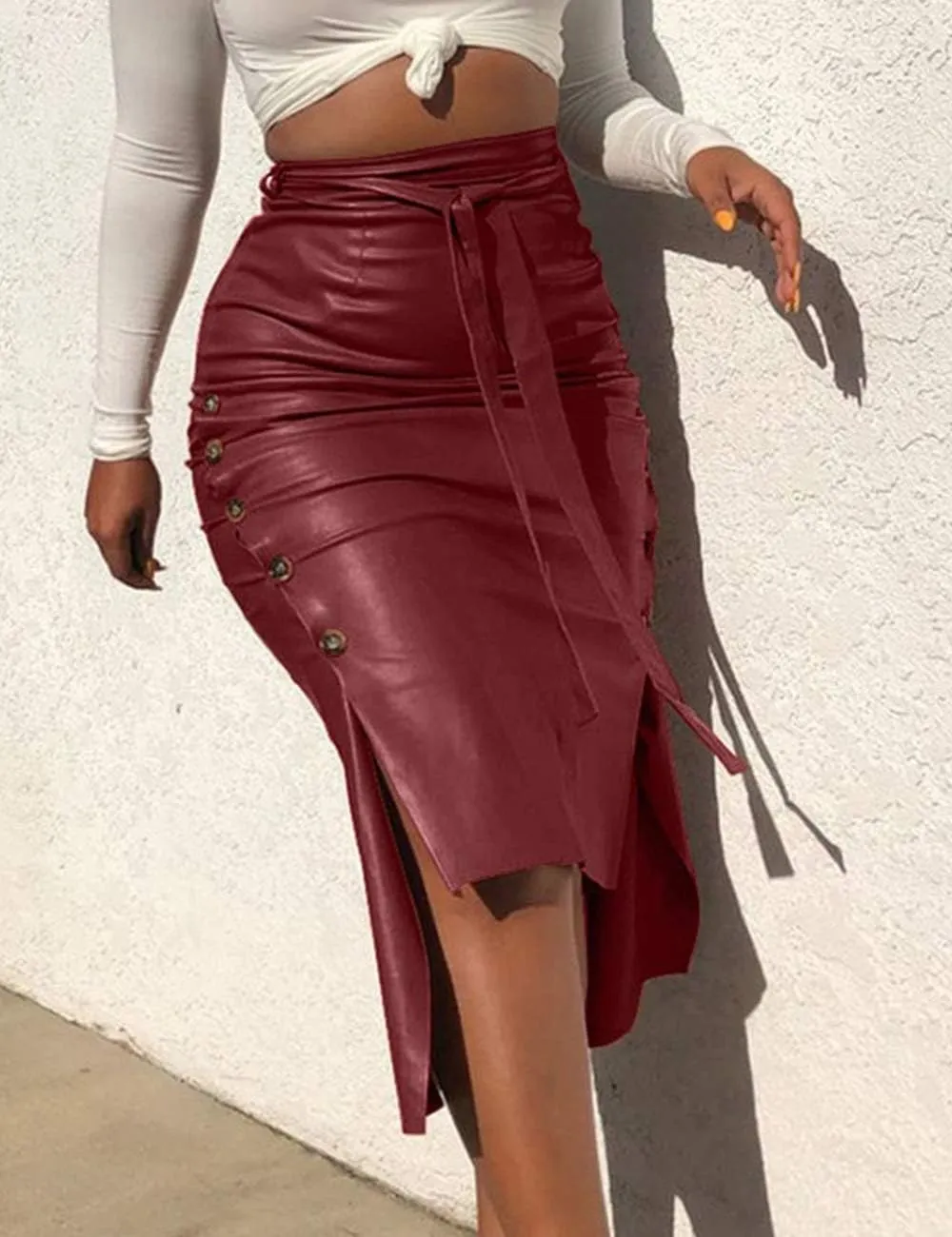 Women's Sexy Faux Leather Midi Skirt High Waist Button Trim Slim Slit Bodycon Pencil Skirt with Belt