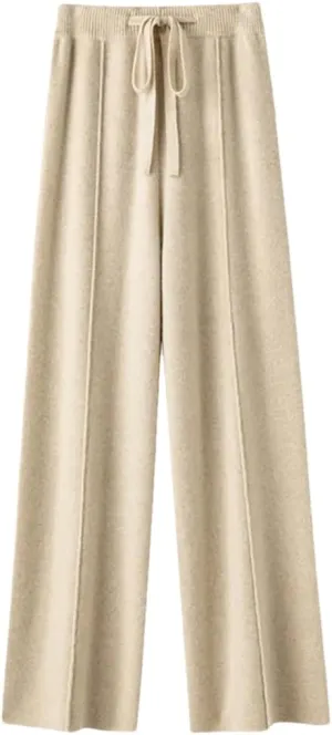Women's Solid Wool Wide-Leg Pants High Waist Casual Loose Straight Pants Knit Mop Trousers