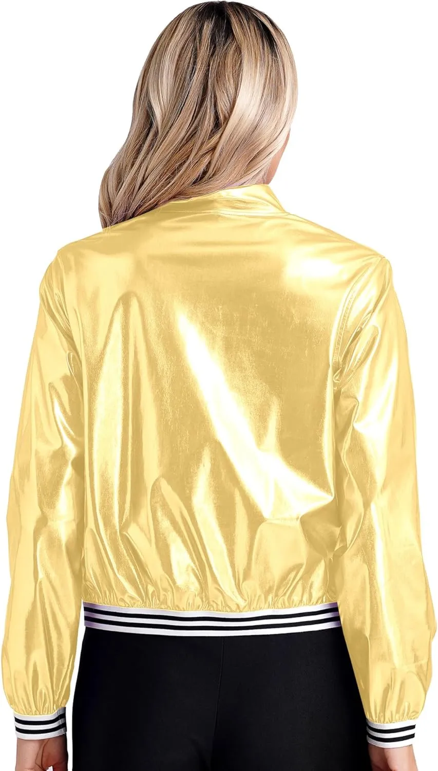 Women's Sparkly Long Sleeve Casual Jackets Adult Holographic Shiny Bomber Jacket Outerwear